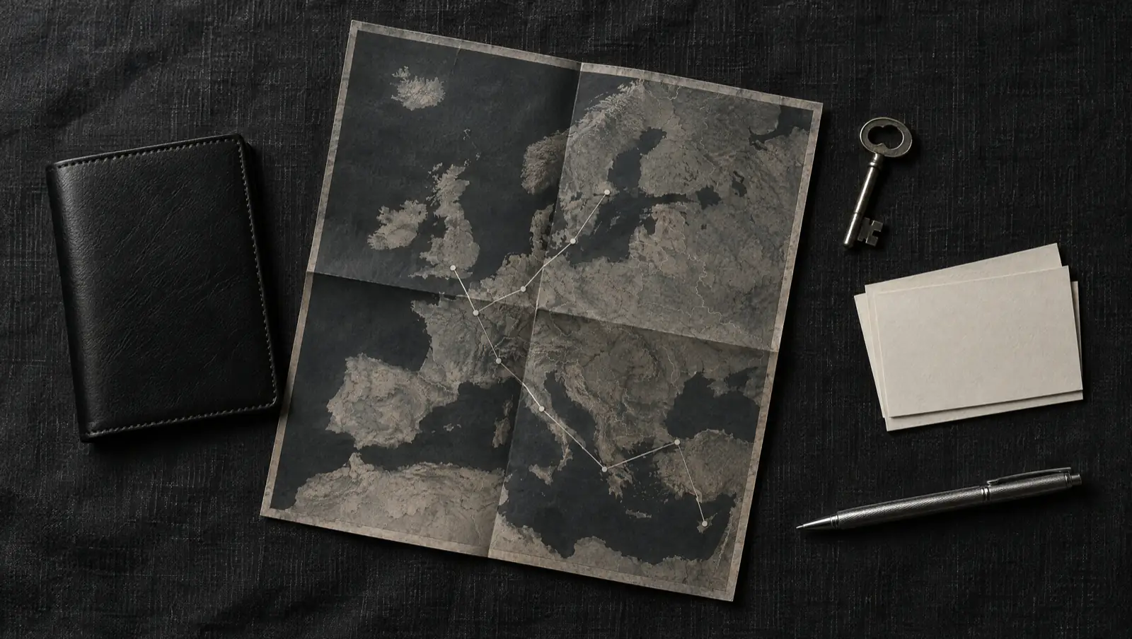 Dossier de voyage sur mesure : carte d'Europe tracée d'un fil d'argent, étui de passeport, clé et cartes vierges.