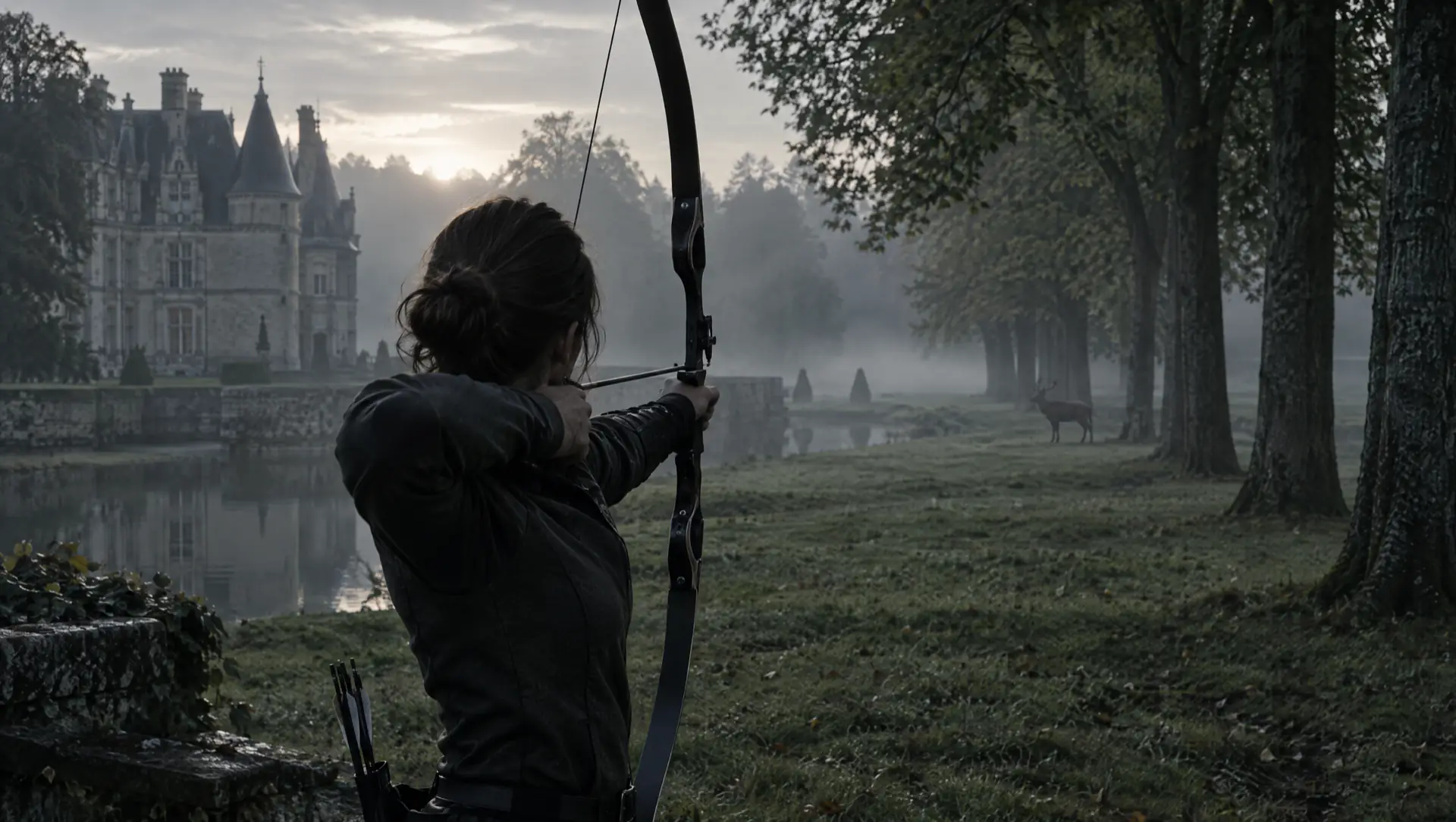 Un archer, de dos, bande son arc dans le parc d'un château, cible 3D au loin dans la brume.