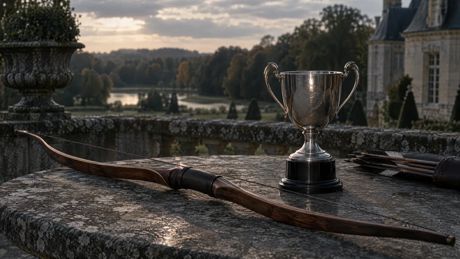 Arc d'artisan et trophée d'argent sur une table de pierre, en terrasse de château.