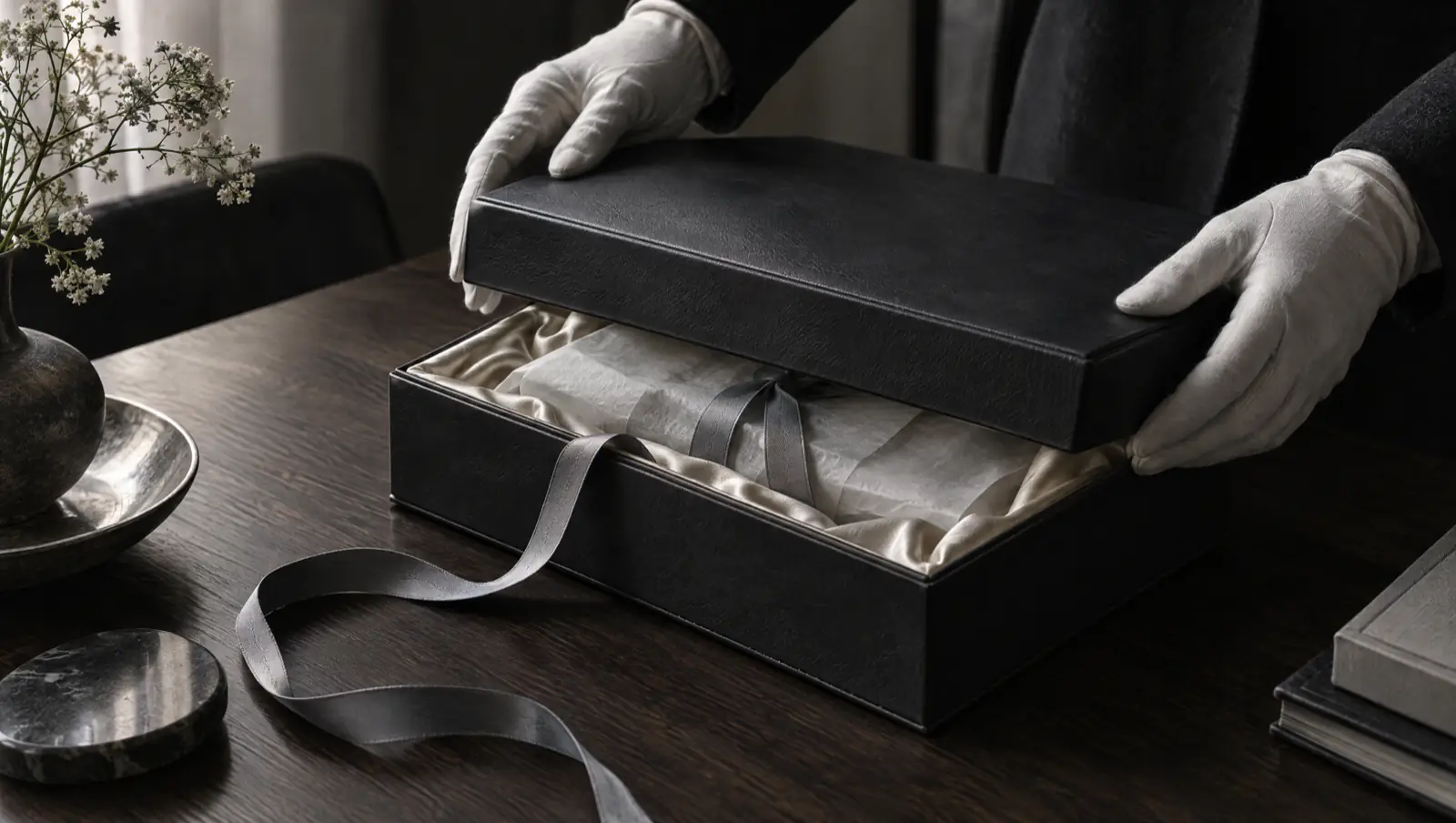 Des mains gantées referment un écrin de cuir doublé de soie ivoire.