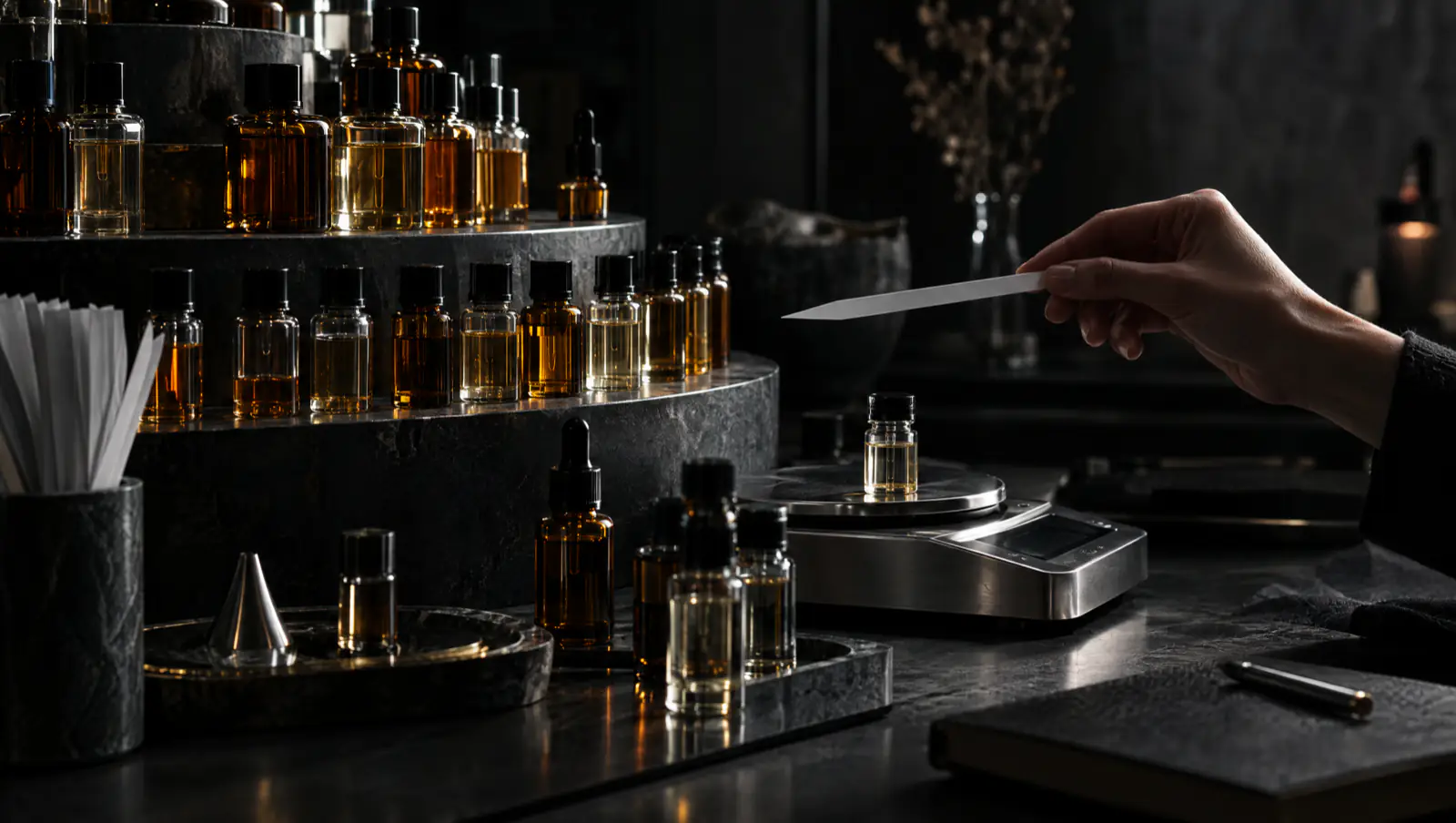 Orgue de parfumeur, flacons d'essences et mouillette tenue à la main.