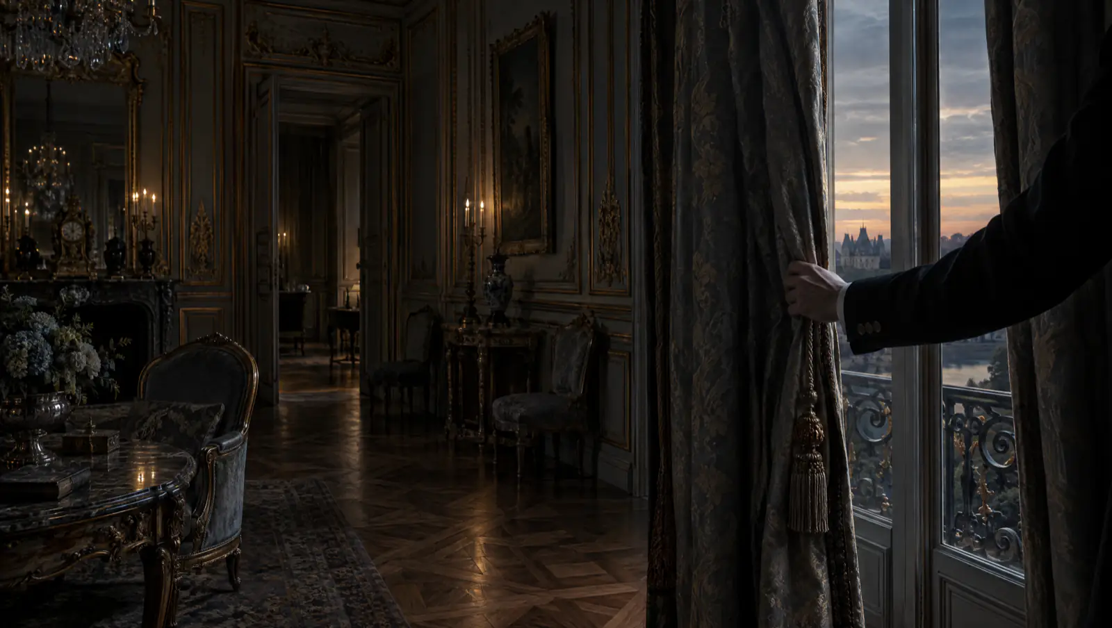 Salon de château aux boiseries dorées ouvert en privé, un rideau tiré sur la dernière lumière.