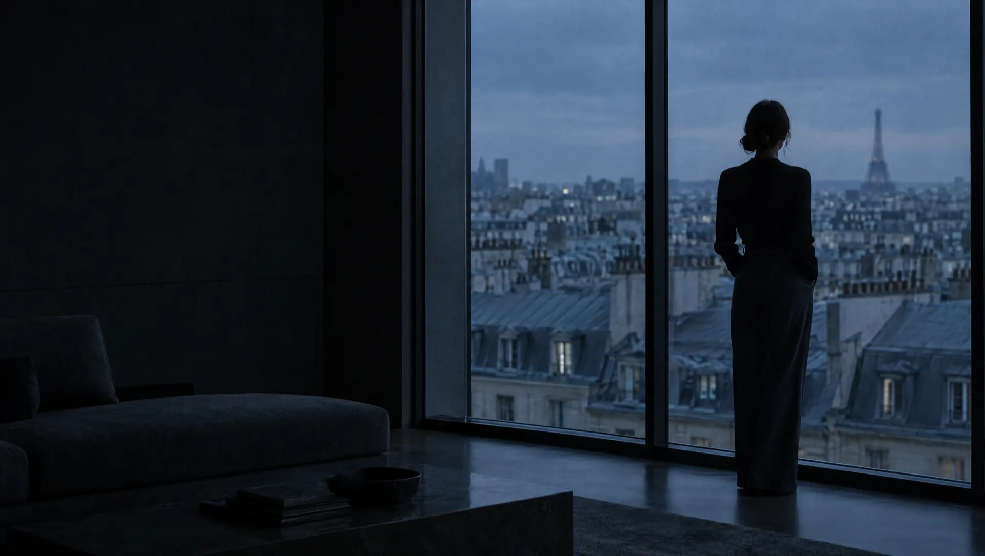 Silhouette immobile devant la baie vitrée d'un appartement parisien, à l'heure bleue.