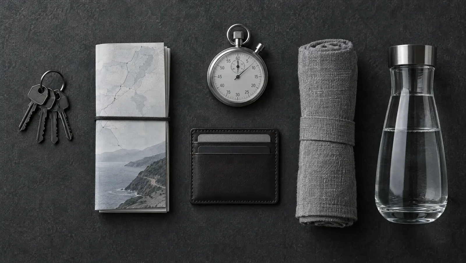 Objets ordonnés sur une surface anthracite : clés, itinéraire, chronomètre, linge, carafe.