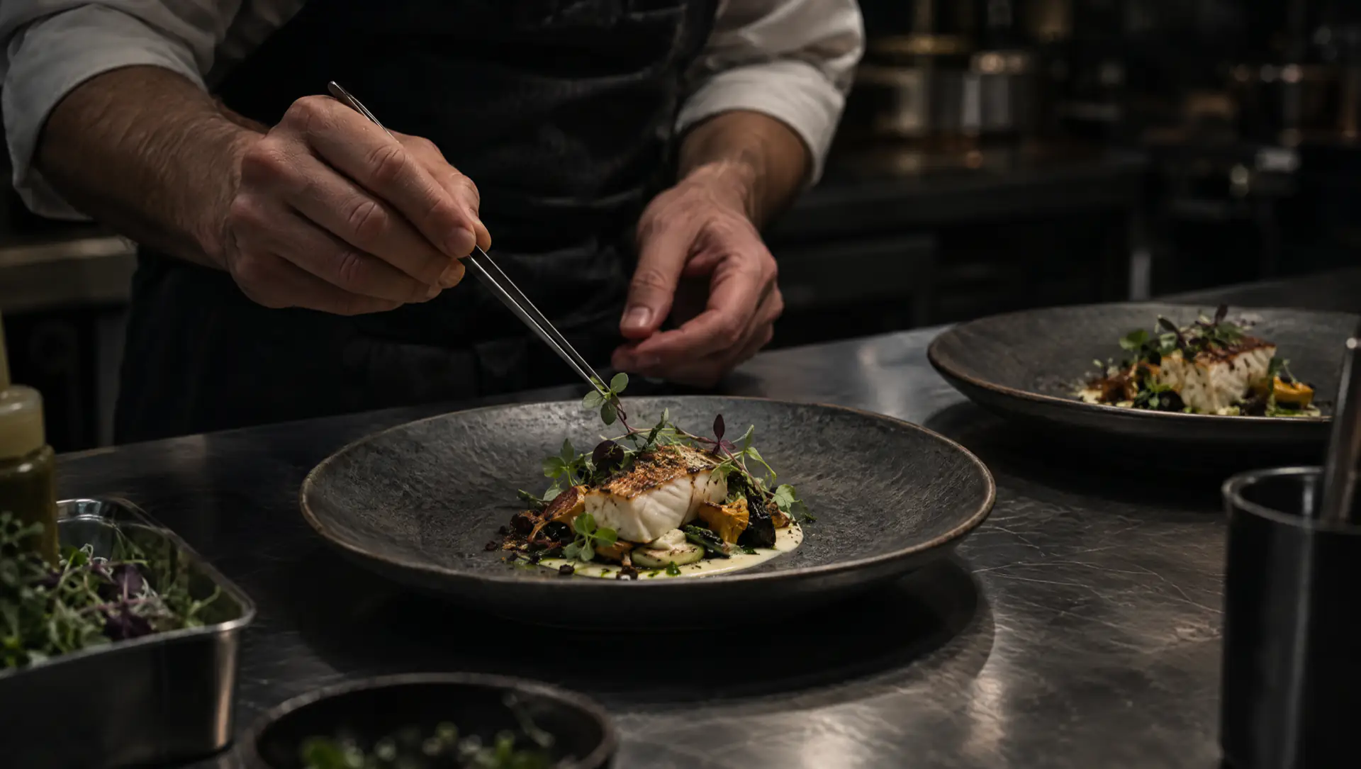 Au passe d'une cuisine gastronomique, les mains d'un chef dressent une assiette à la pince.