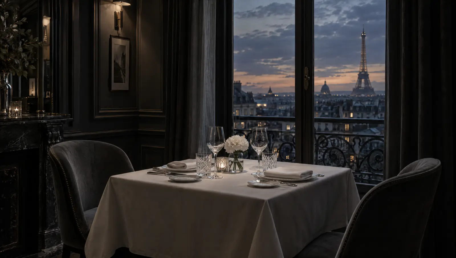 Salon privé d'un restaurant parisien dressé pour deux au crépuscule.