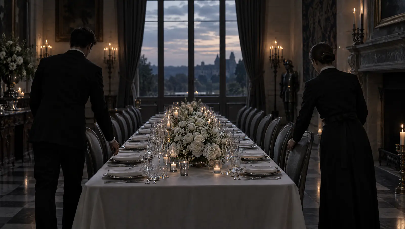Longue table de réception dressée dans la salle à manger d'un château, le personnel aligne les chaises.
