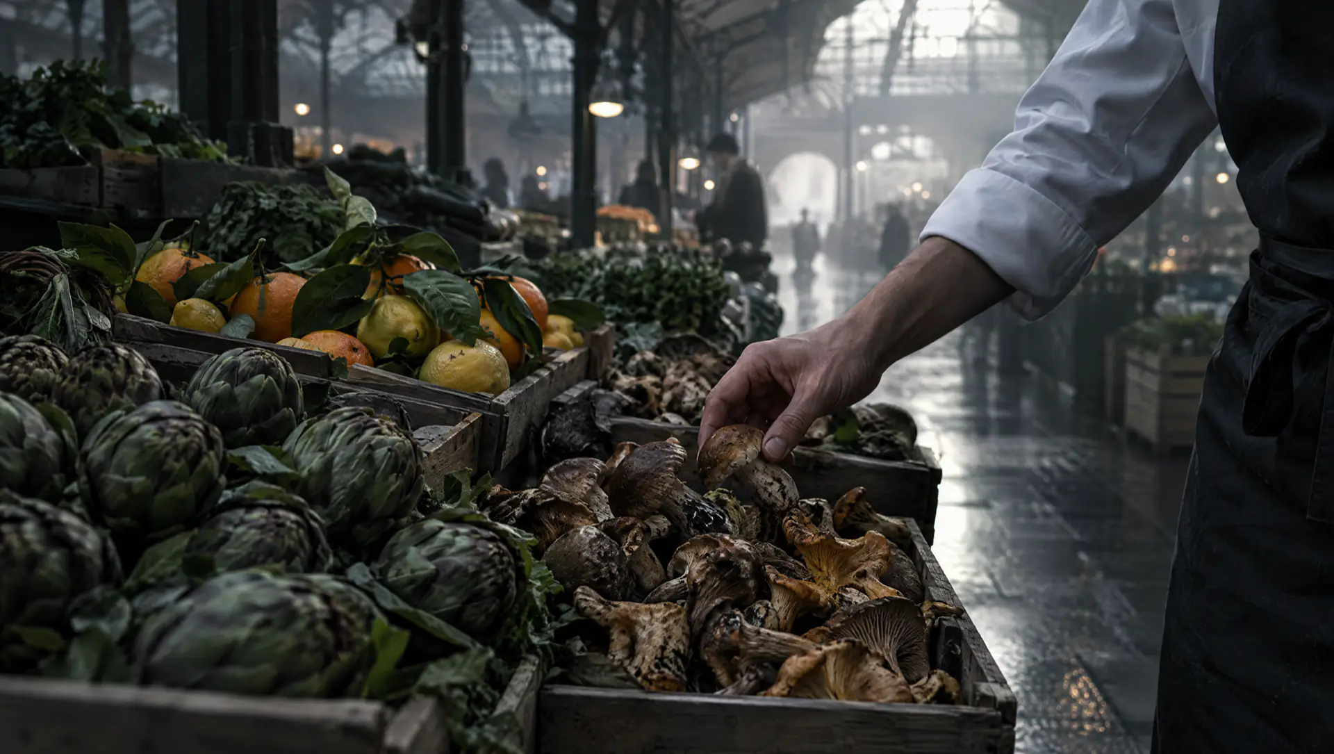 À l'aube, dans un marché couvert parisien, la main d'un chef choisit un champignon parmi les cagettes de saison.
