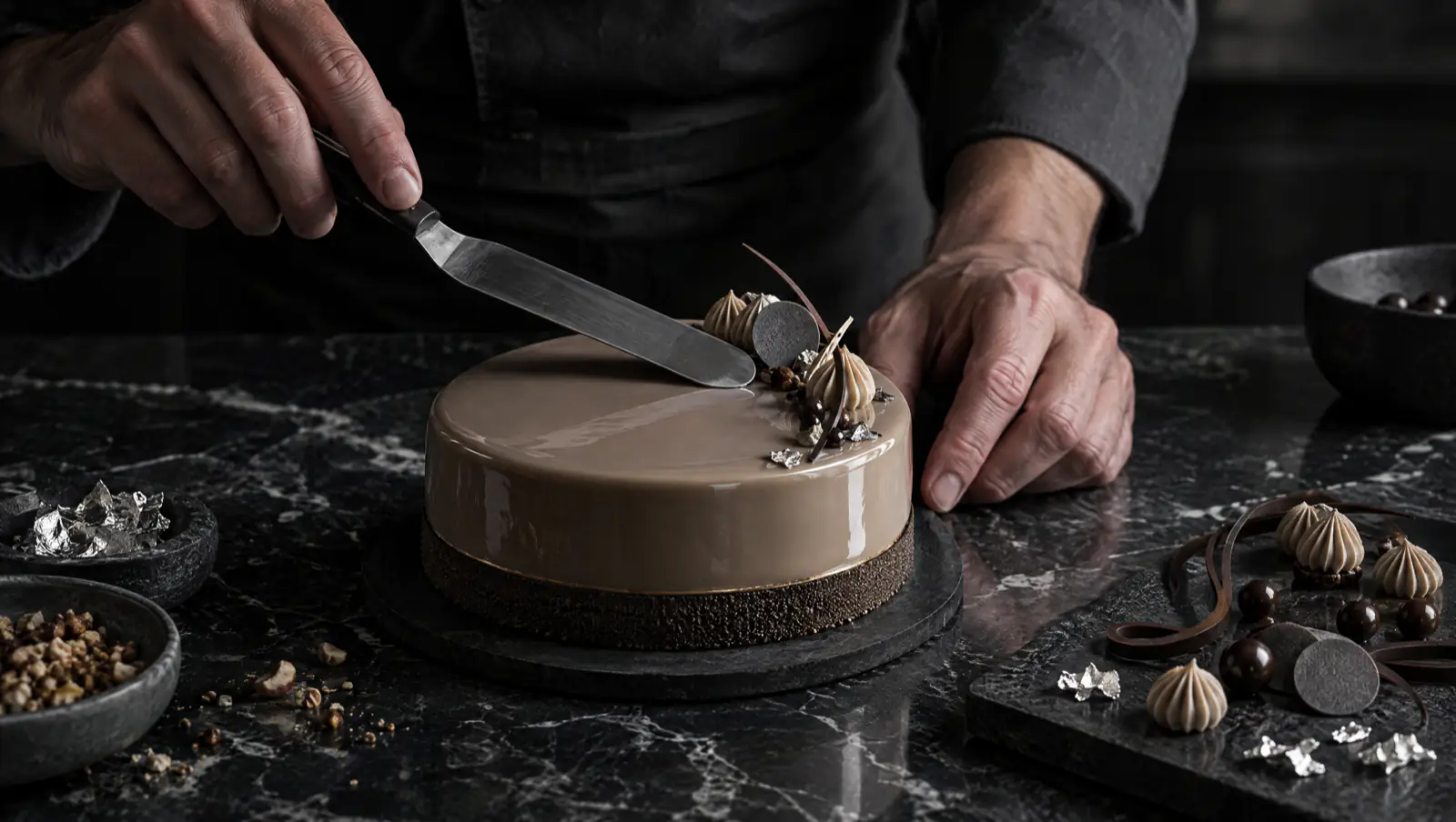 Les mains d'un pâtissier glacent un entremets sur le marbre.