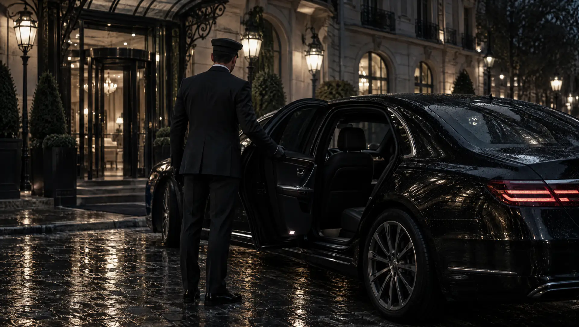 La nuit, devant un grand hôtel parisien, un chauffeur tient ouverte la portière d'une berline noire.