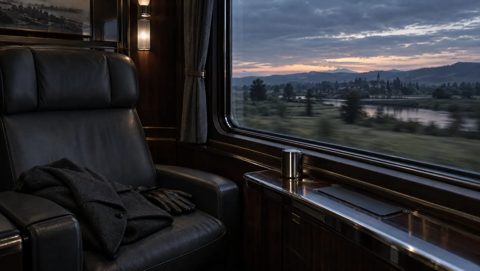 Compartiment privé d'un train au crépuscule, boiseries et cuir, manteau posé sur la banquette.