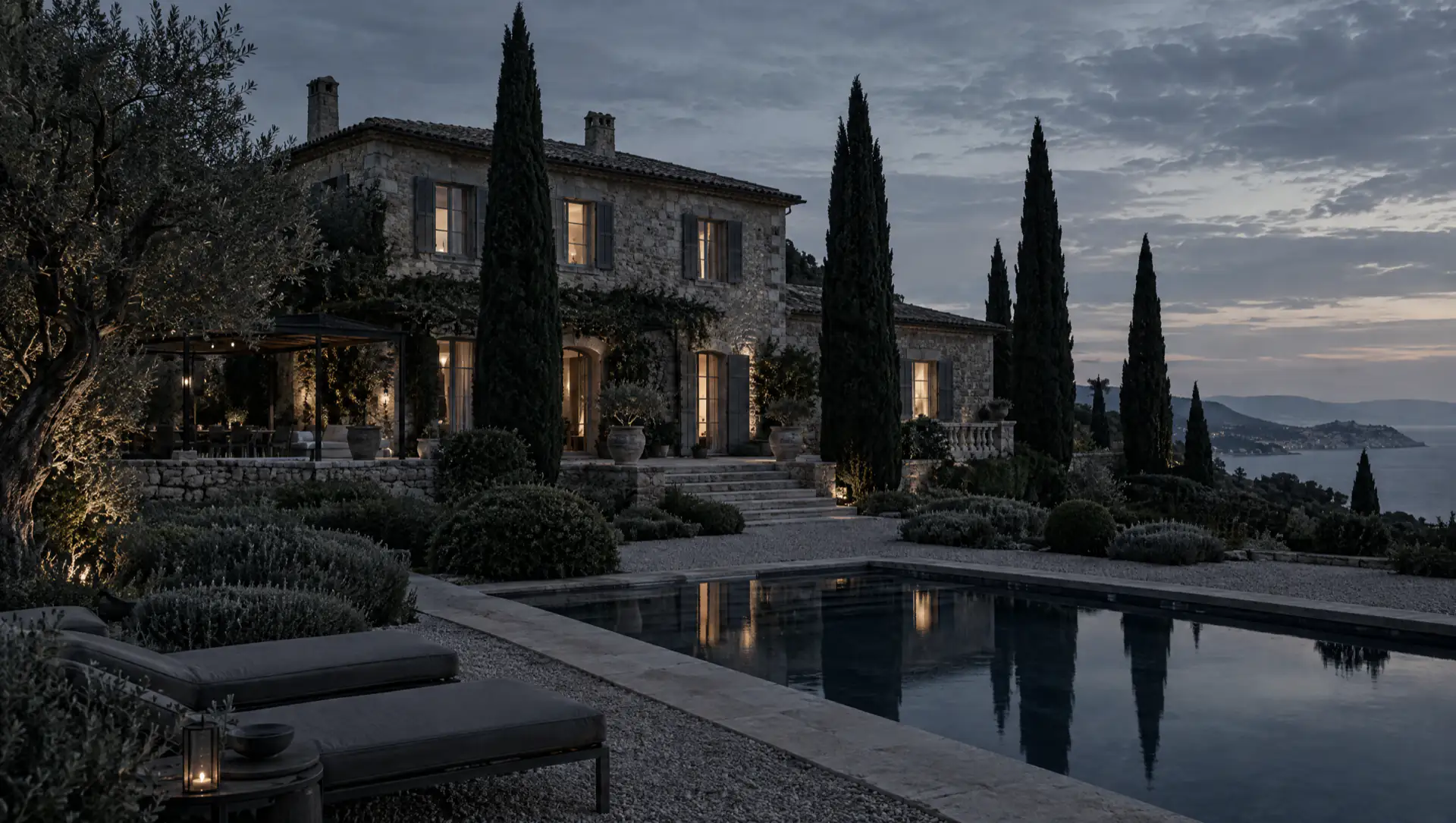 Villa de pierre sur la Côte d'Azur au crépuscule, cyprès et piscine immobile.