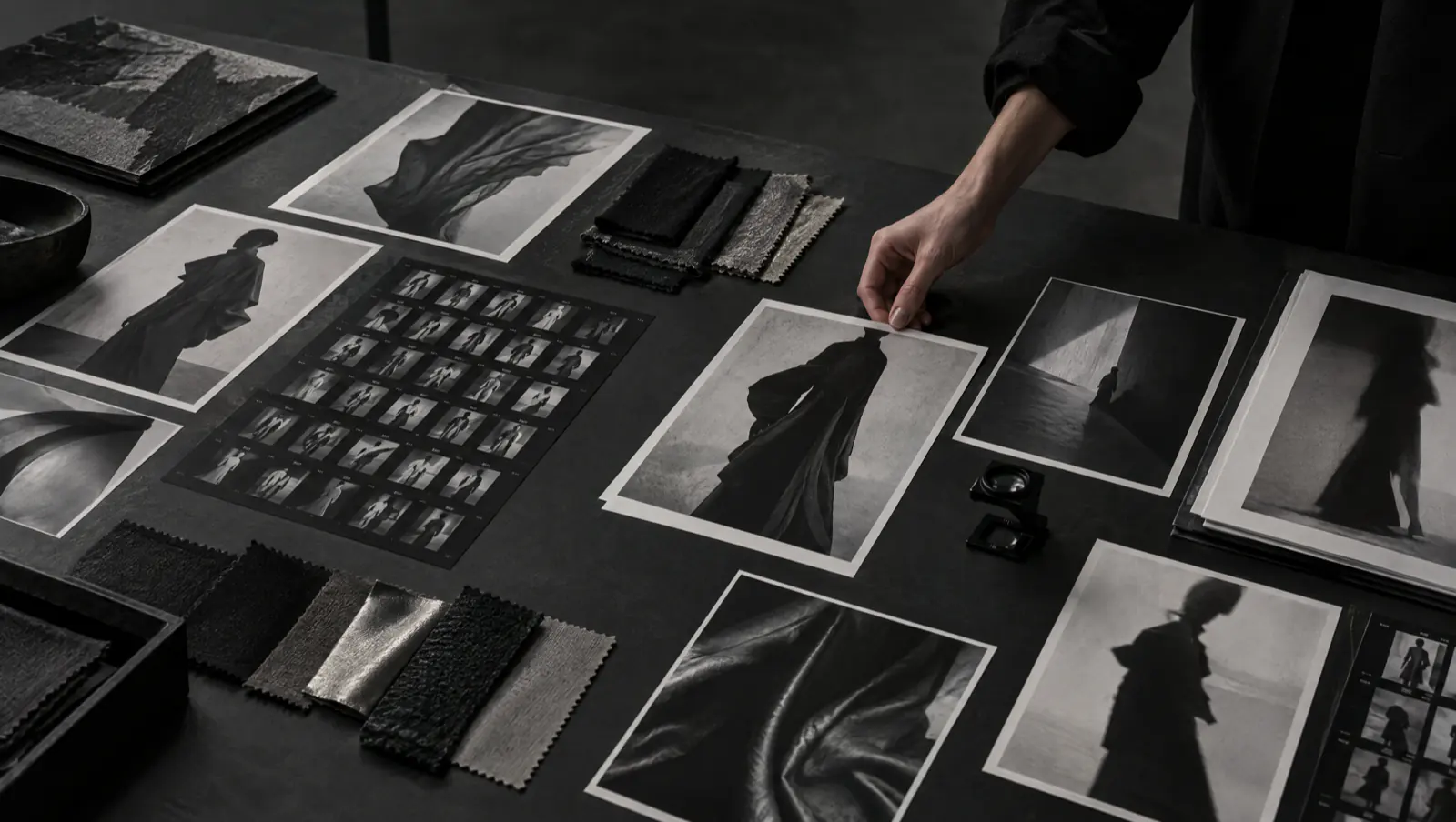 Table de direction artistique : tirages de mode en noir et blanc, planches-contacts et échantillons d'étoffes.