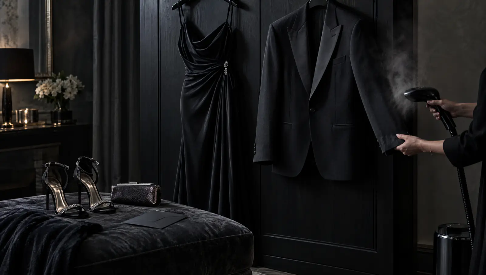Préparation d'une soirée : robe noire et smoking suspendus, souliers et pochette sur une banquette de velours.