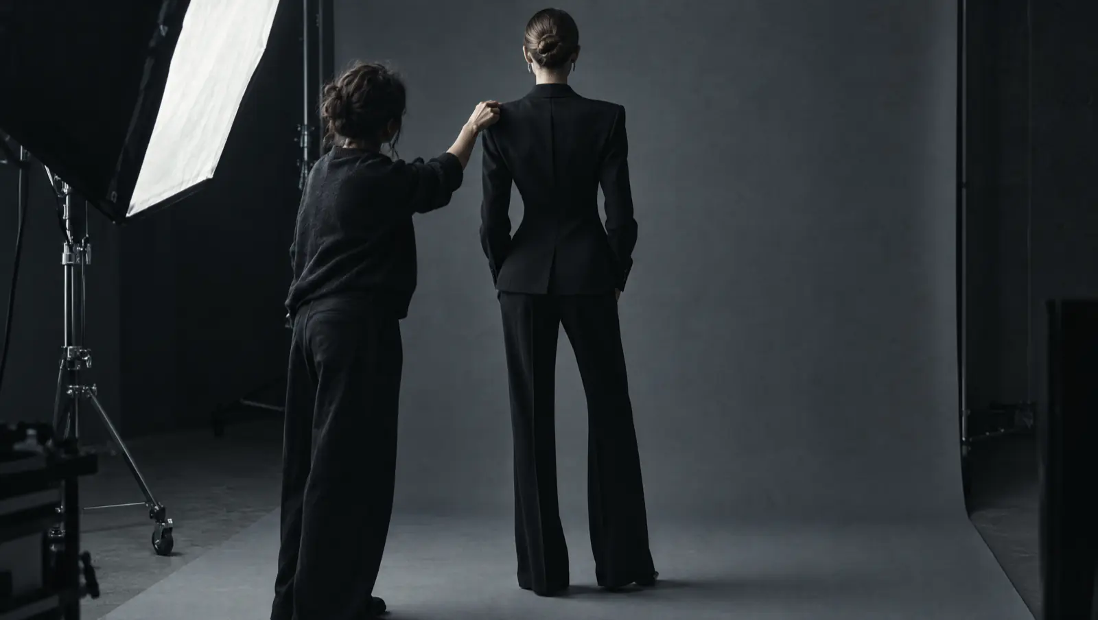En coulisses d'une séance photo : une styliste ajuste l'épaule d'une veste noire sur un mannequin, devant un fond gris.
