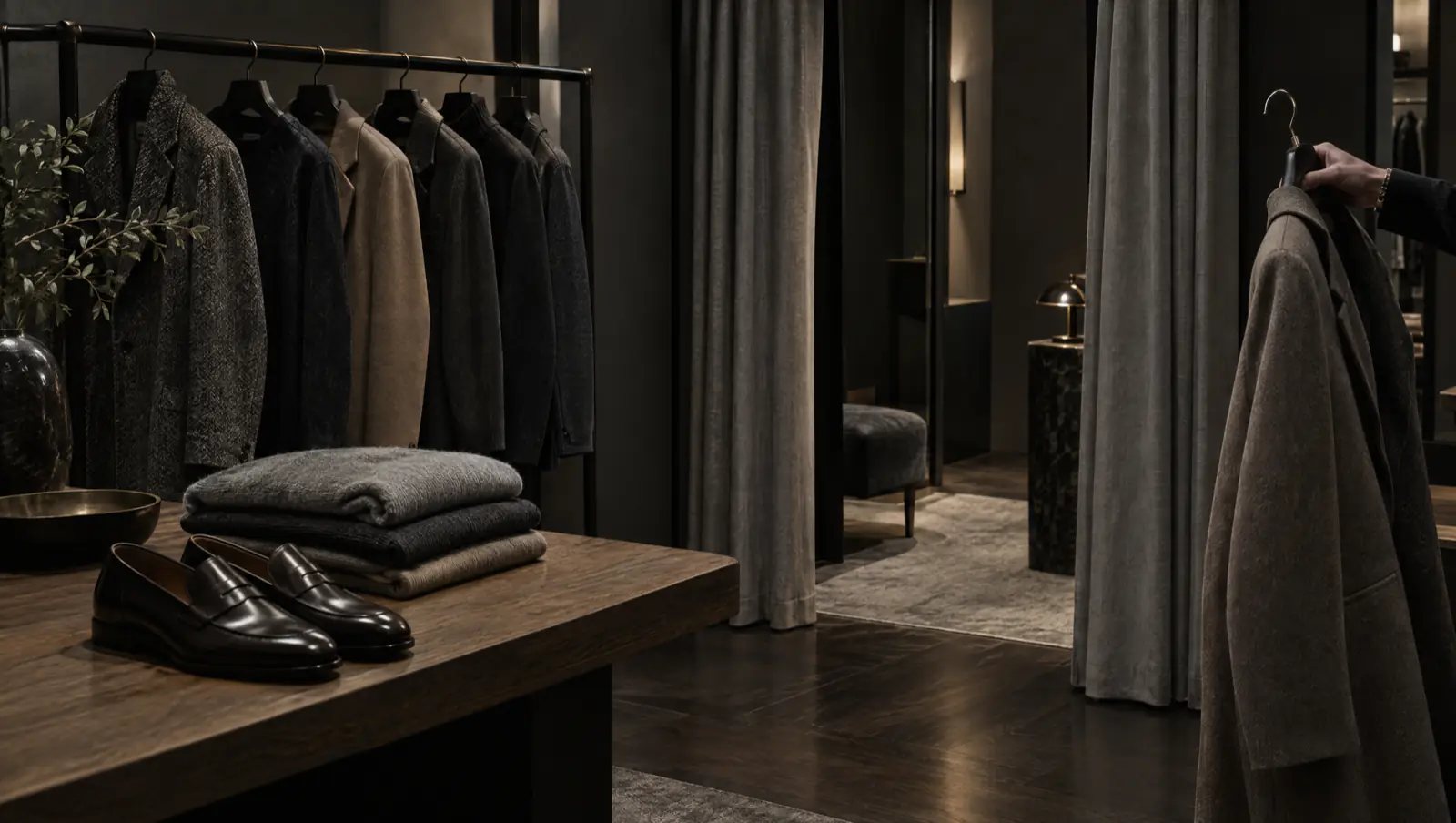 Boutique parisienne réservée pour un rendez-vous privé : pièces présélectionnées sur portant, cabine d'essayage entrouverte.