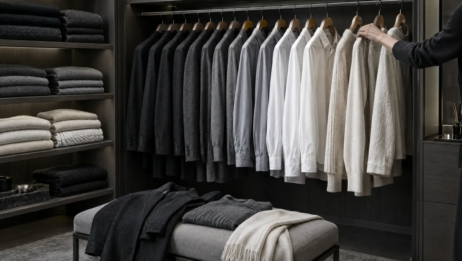 Dressing réorganisé : vestes et chemises classées par nuances, maille pliée, pièces mises de côté sur un banc.