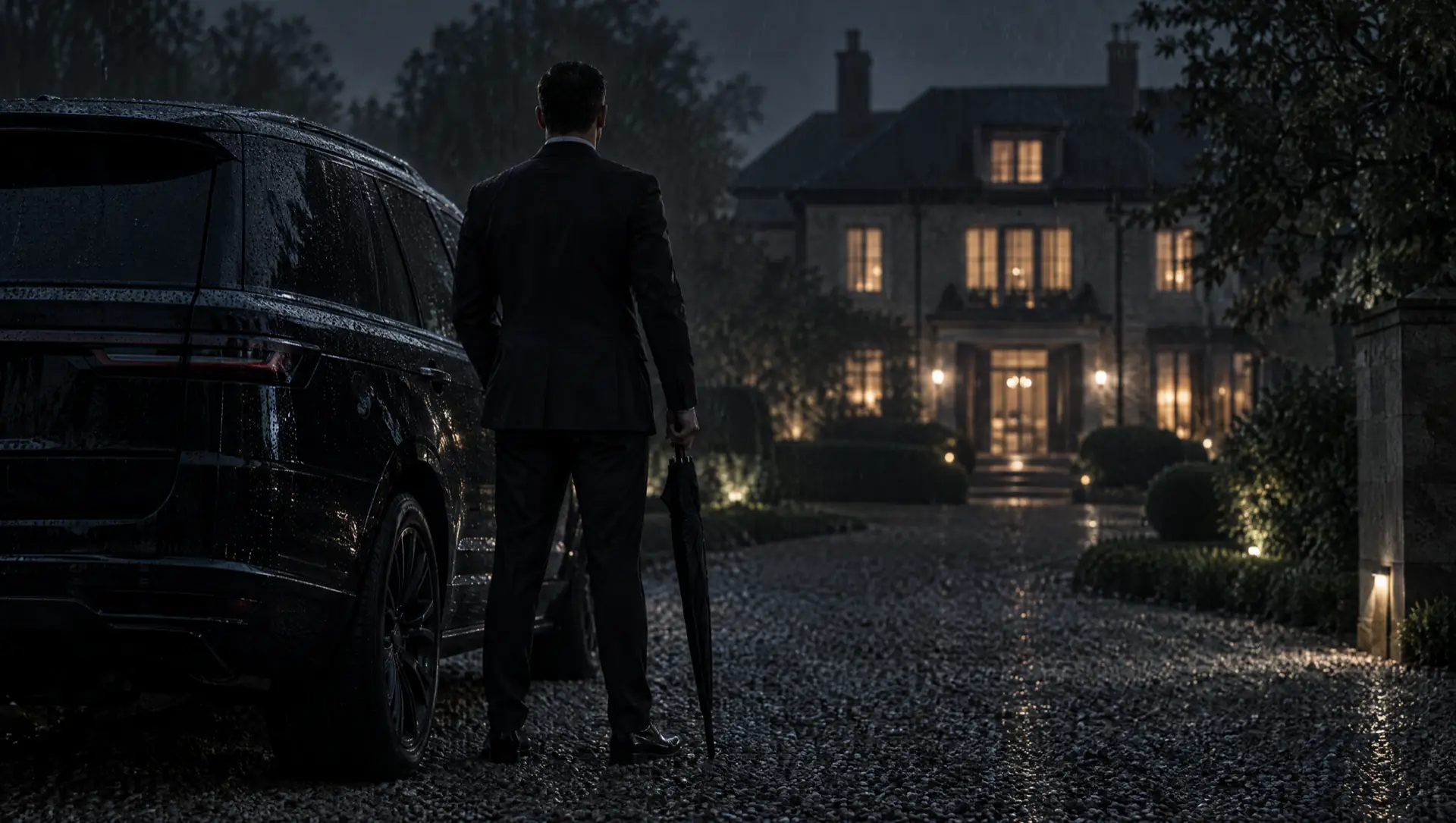 La nuit sous la pluie, un security driver, de dos, attend près d'un véhicule noir devant une résidence.